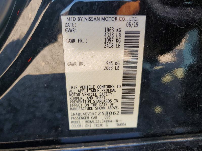 49048456 :رقم المزاد ، 1N4BL4EV1KC258062 vin ، 2019 Nissan Altima مزاد بيع