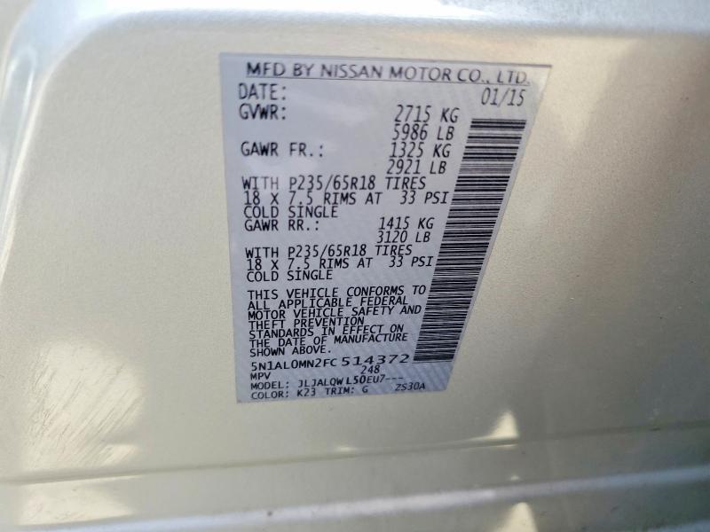 51482596 :رقم المزاد ، 5N1AL0MN2FC514372 vin ، 2015 Infiniti Qx60 مزاد بيع