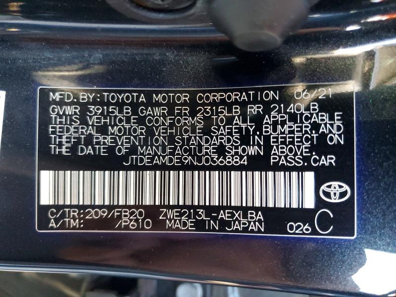 50556506 :رقم المزاد ، JTDEAMDE9NJ036884 vin ، 2022 Toyota Corolla مزاد بيع