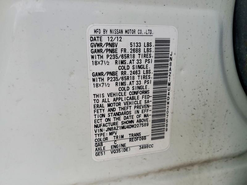2013 Nissan Murano მანქანა იყიდება აუქციონზე, vin: JN8AZ1MU4DW207589, აუქციონის ნომერი: 49494016