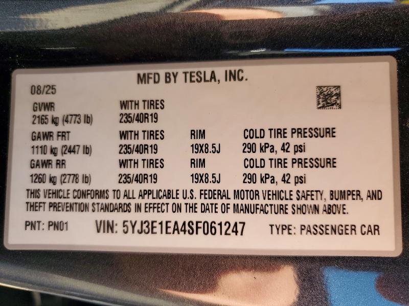 Продажа на аукционе авто 2025 Tesla Model 3, vin: 5YJ3E1EA4SF061247, номер лота: 51706976