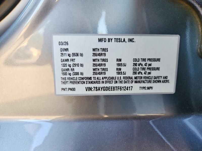 49679806 :رقم المزاد ، 7SAYGDEE8TF612417 vin ، 2026 Tesla Model Y مزاد بيع