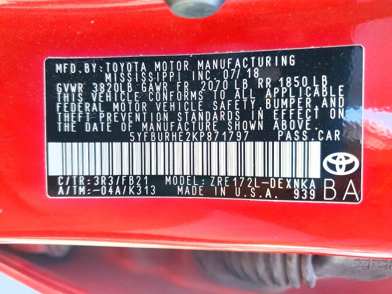 2019 Toyota Corolla მანქანა იყიდება აუქციონზე, vin: 5YFBURHE2KP871797, აუქციონის ნომერი: 49662096