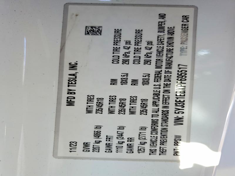Продаж на аукціоні авто 2023 Tesla Model 3, vin: 5YJ3E1EBXPF695517, номер лоту: 49668856