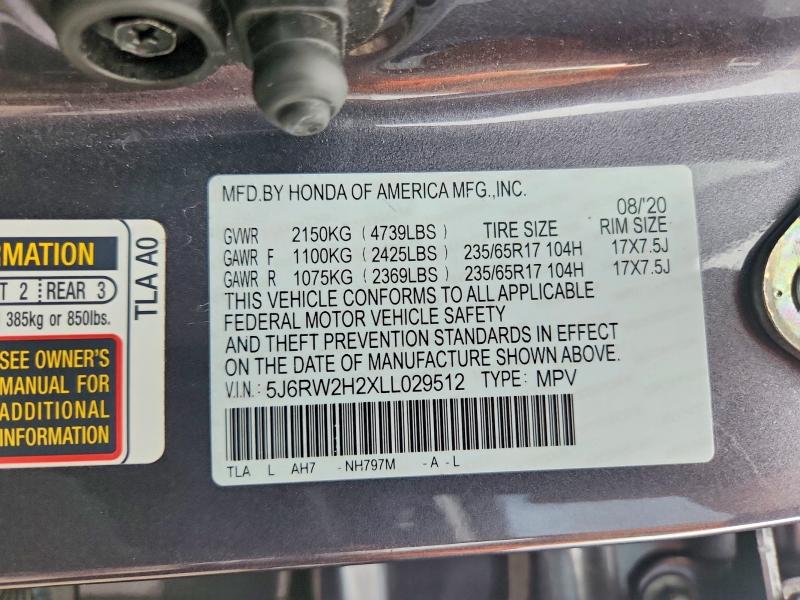 2020 Honda Cr-v მანქანა იყიდება აუქციონზე, vin: 5J6RW2H2XLL029512, აუქციონის ნომერი: 50121816