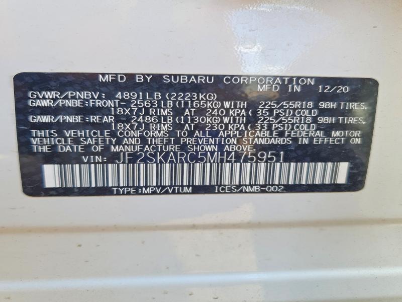 49150336 :رقم المزاد ، JF2SKARC5MH475951 vin ، 2021 Subaru Forester مزاد بيع