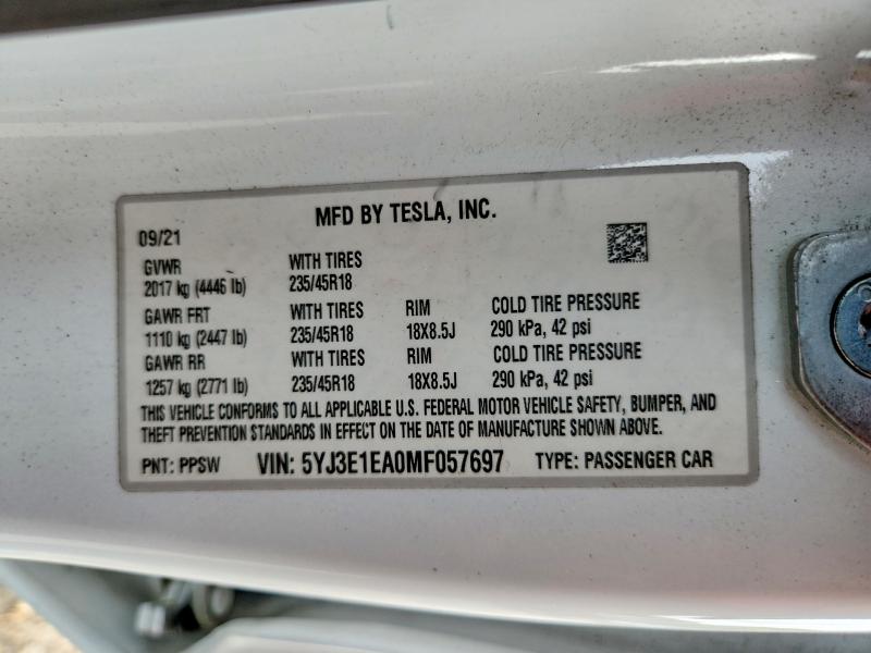 2021 Tesla Model 3 მანქანა იყიდება აუქციონზე, vin: 5YJ3E1EA0MF057697, აუქციონის ნომერი: 51081746
