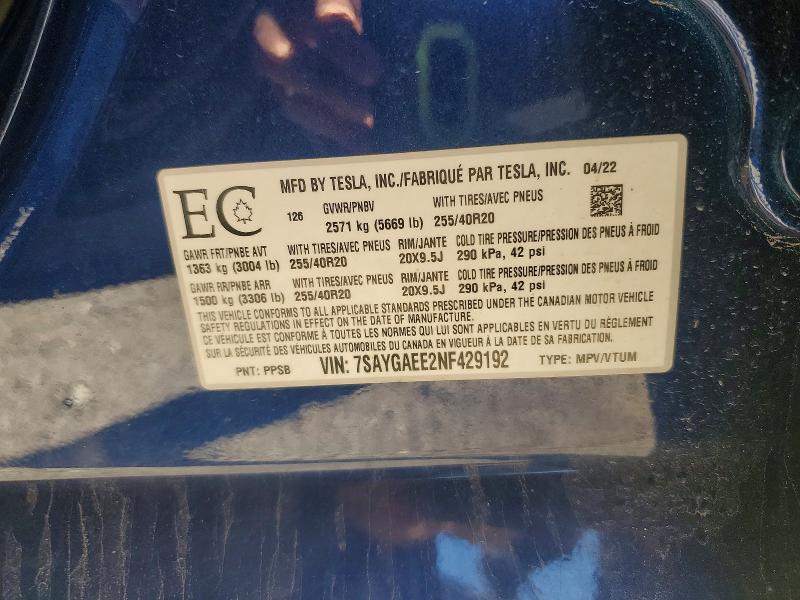Продажа на аукционе авто 2022 Tesla Model Y, vin: 7SAYGAEE2NF429192, номер лота: 50742066