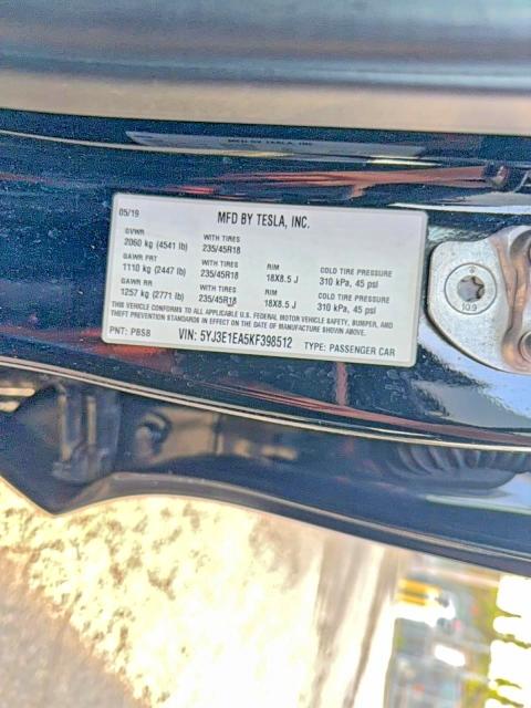 50344526 :رقم المزاد ، 5YJ3E1EA5KF398512 vin ، 2019 Tesla Model 3 مزاد بيع