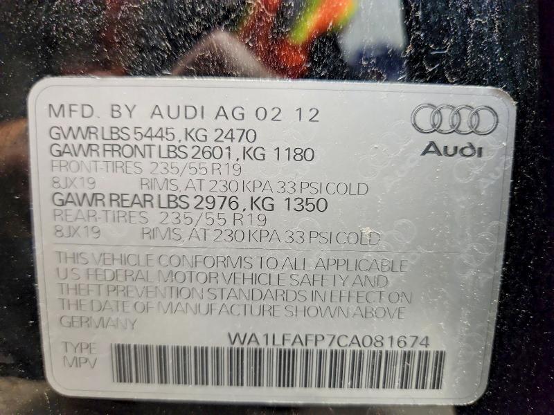2012 Audi Q5 მანქანა იყიდება აუქციონზე, vin: WA1LFAFP7CA081674, აუქციონის ნომერი: 50198826