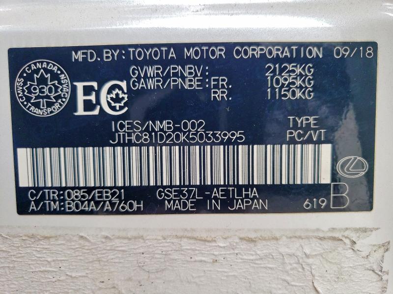 48618226 :رقم المزاد ، JTHC81D20K5033995 vin ، 2019 Lexus Is 300 مزاد بيع
