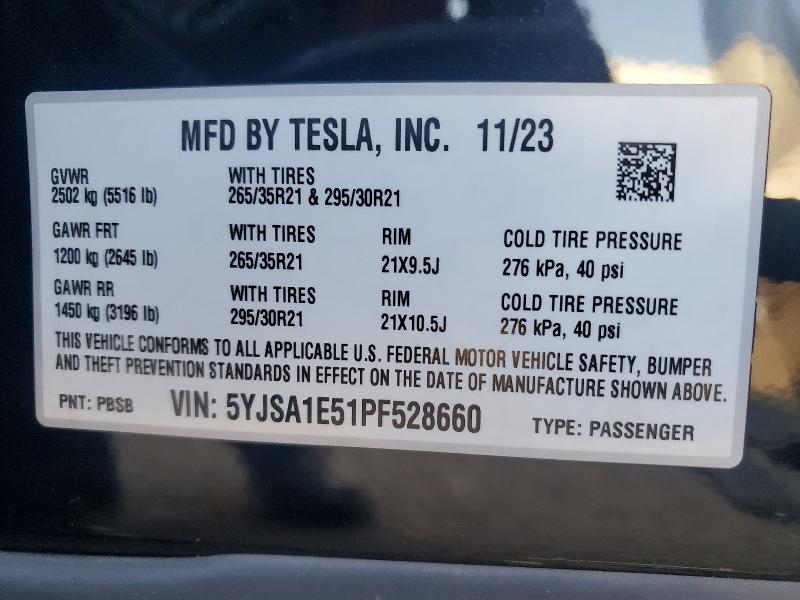 49281846 :رقم المزاد ، 5YJSA1E51PF528660 vin ، 2023 Tesla Model S مزاد بيع