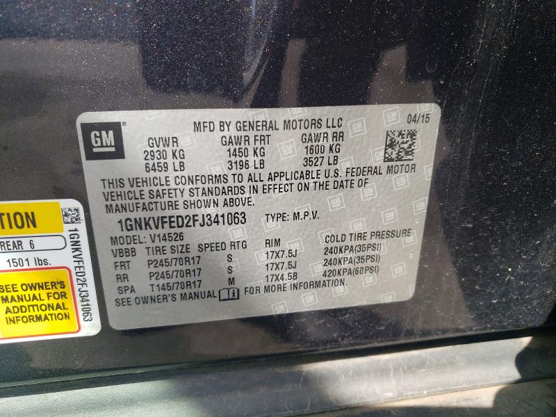 49124746 :رقم المزاد ، 1GNKVFED2FJ341063 vin ، 2015 Chevrolet Traverse مزاد بيع
