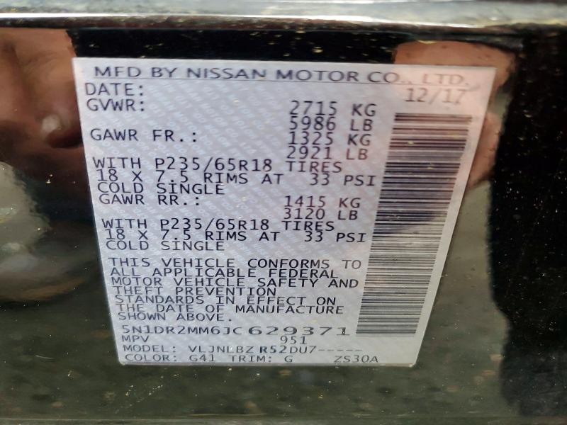 2018 Nissan Pathfinder მანქანა იყიდება აუქციონზე, vin: 5N1DR2MM6JC629371, აუქციონის ნომერი: 50985046
