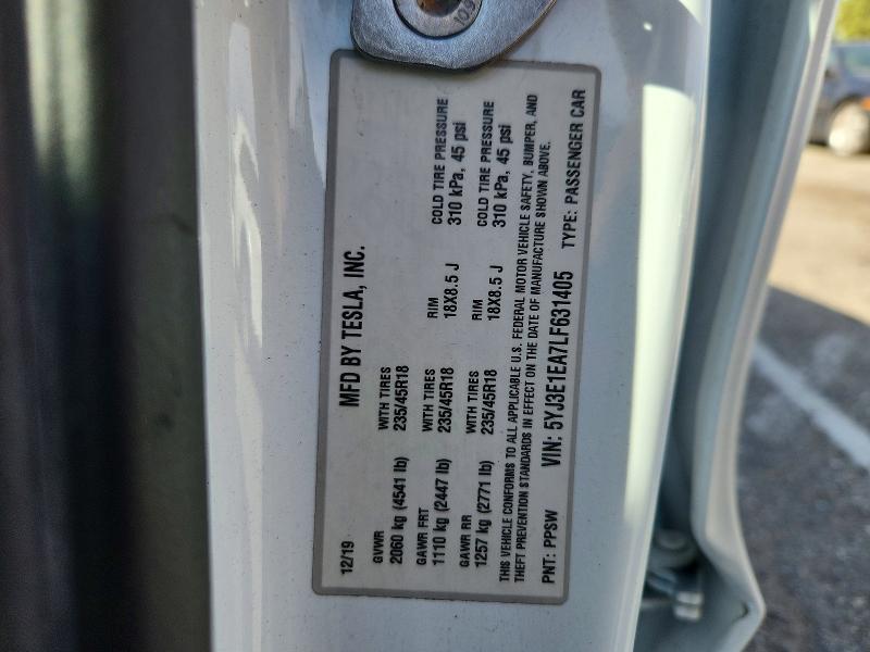 Продажа на аукционе авто 2020 Tesla Model 3, vin: 5YJ3E1EA7LF631405, номер лота: 50961766