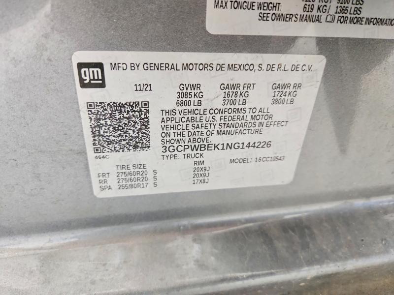 Продаж на аукціоні авто 2022 Chevrolet Silverado, vin: 3GCPWBEK1NG144226, номер лоту: 50686406