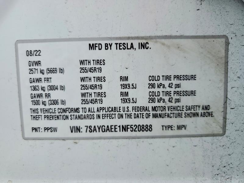 Aukcja sprzedaży 2022 Tesla Model Y, vin: 7SAYGAEE1NF520888, numer aukcji: 48501086