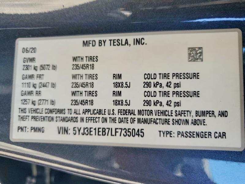 Aukcja sprzedaży 2020 Tesla Model 3, vin: 5YJ3E1EB7LF735045, numer aukcji: 51146106