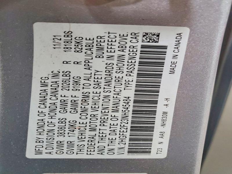2022 Honda Civic მანქანა იყიდება აუქციონზე, vin: 2HGFE2F23NH545484, აუქციონის ნომერი: 49914186