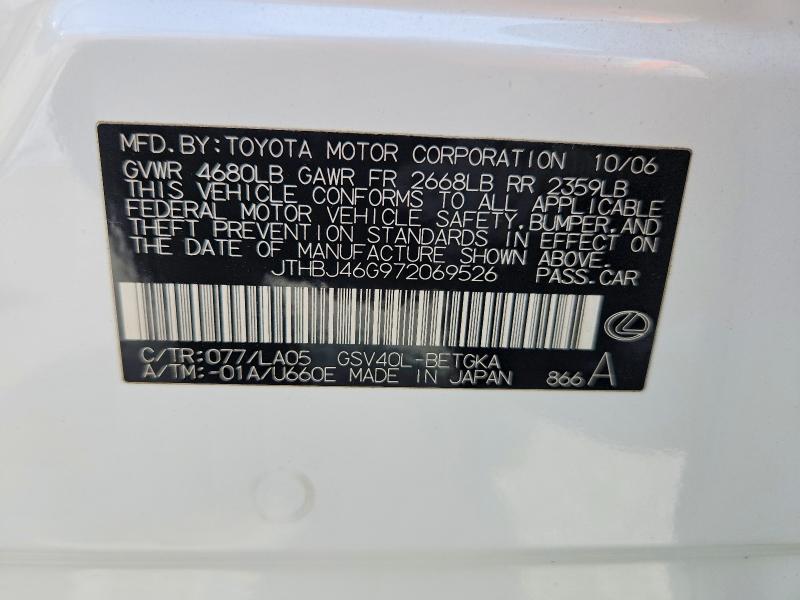 Продажа на аукционе авто 2007 Lexus Es 350, vin: JTHBJ46G972069526, номер лота: 48841806
