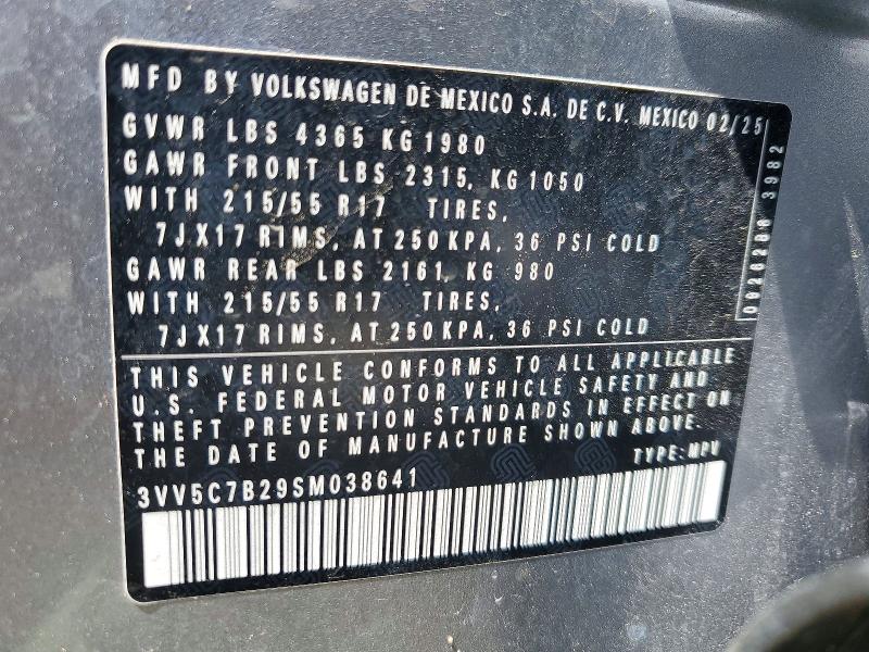51076936 :رقم المزاد ، 3VV5C7B29SM038641 vin ، 2025 Volkswagen Taos مزاد بيع