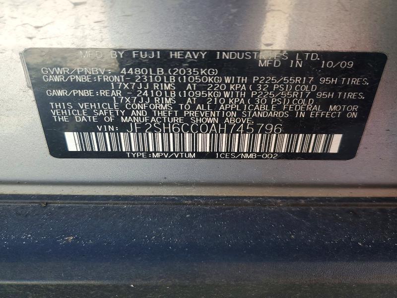 2010 Subaru Forester მანქანა იყიდება აუქციონზე, vin: JF2SH6CC0AH745796, აუქციონის ნომერი: 50713706