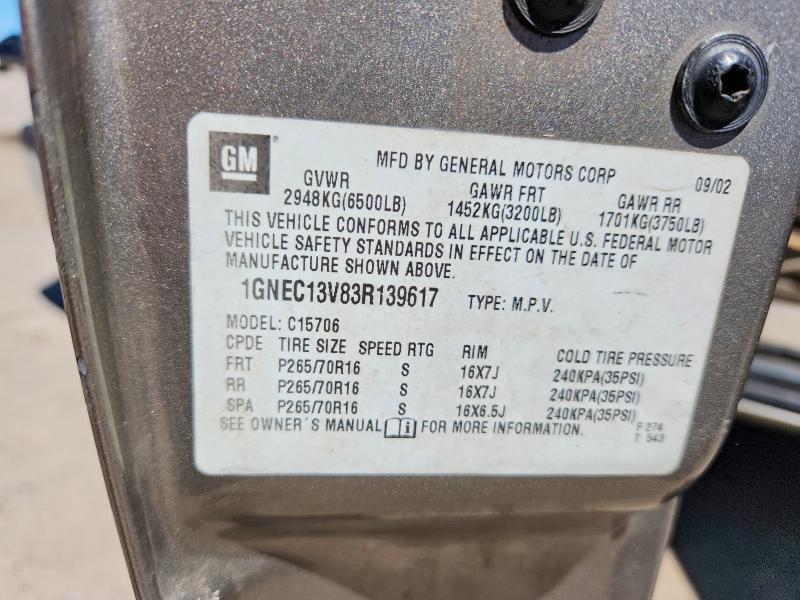 2003 Chevrolet Tahoe მანქანა იყიდება აუქციონზე, vin: 1GNEC13V83R139617, აუქციონის ნომერი: 48990676