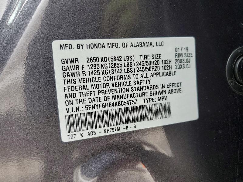 Продажа на аукционе авто 2019 Honda Pilot, vin: 5FNYF6H64KB054757, номер лота: 49050166