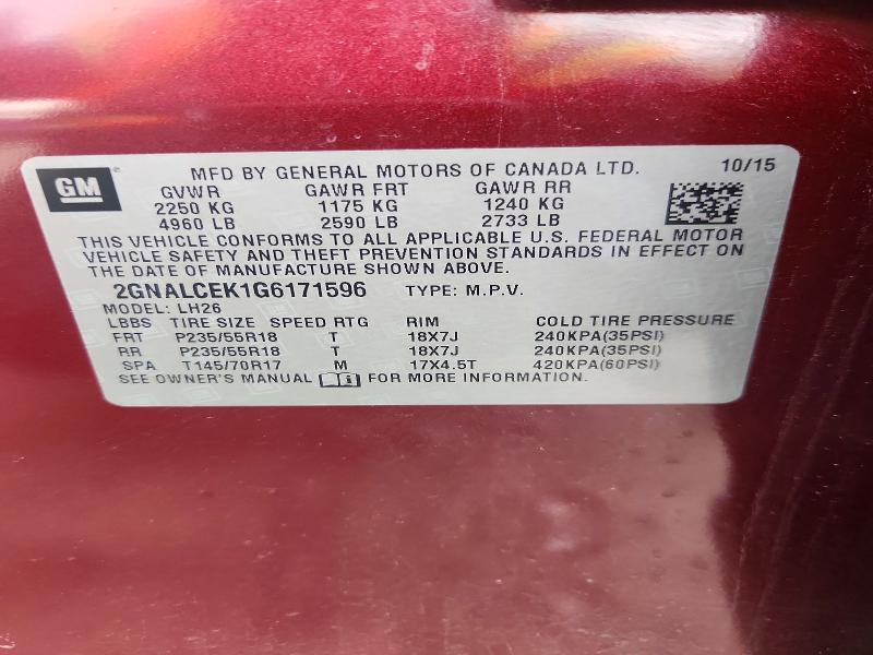 48547136 :رقم المزاد ، 2GNALCEK1G6171596 vin ، 2016 Chevrolet Equinox مزاد بيع