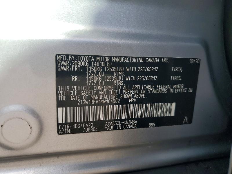 49113276 :رقم المزاد ، 2T3W1RFV1MW104982 vin ، 2021 Toyota Rav 4 مزاد بيع