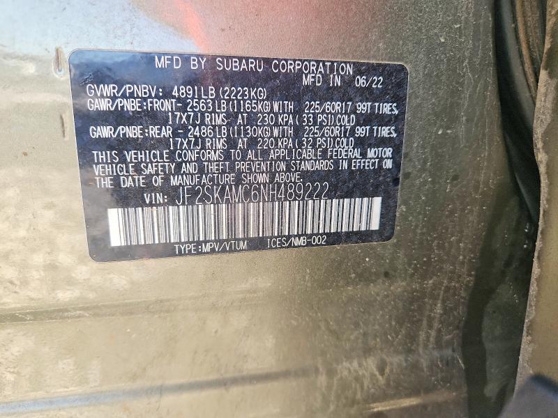 2022 Subaru Forester მანქანა იყიდება აუქციონზე, vin: JF2SKAMC6NH489222, აუქციონის ნომერი: 49842826