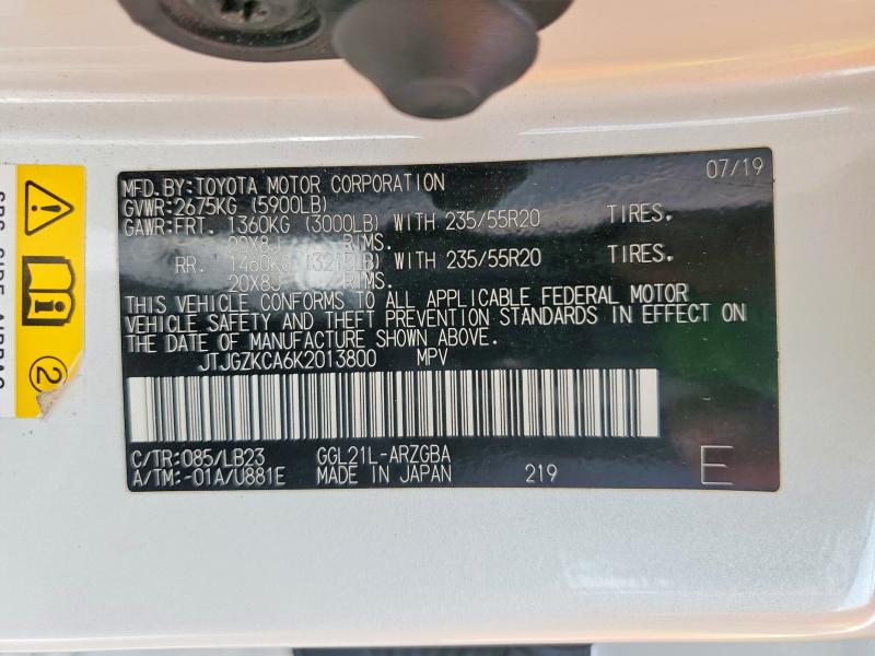 46892846 :رقم المزاد ، JTJGZKCA6K2013800 vin ، 2019 Lexus Rx 350l مزاد بيع