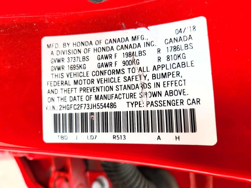 Auction sale of the 2018 Honda Civic, vin: 2HGFC2F73JH554486, lot number: 47823006