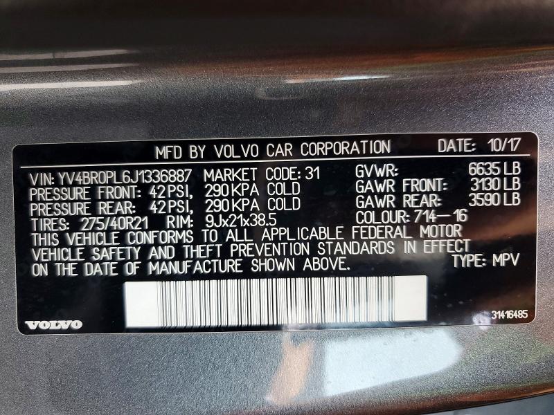 48587476 :رقم المزاد ، YV4BR0PL6J1336887 vin ، 2018 Volvo Xc90 مزاد بيع