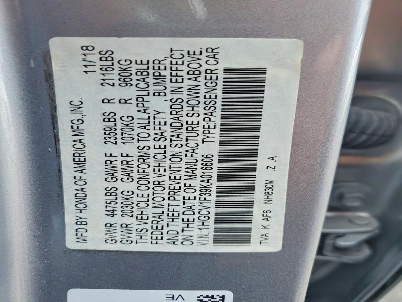 Aukcja sprzedaży 2019 Honda Accord, vin: 1HGCV1F39KA016606, numer aukcji: 50191916