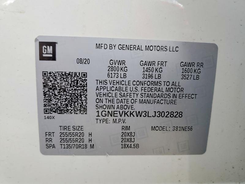 2020 Chevrolet Traverse მანქანა იყიდება აუქციონზე, vin: 1GNEVKKW3LJ302828, აუქციონის ნომერი: 51266066