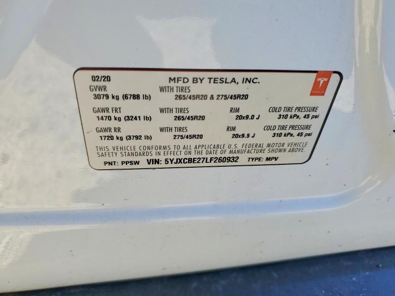 2020 Tesla Model X მანქანა იყიდება აუქციონზე, vin: 5YJXCBE27LF260932, აუქციონის ნომერი: 47945266