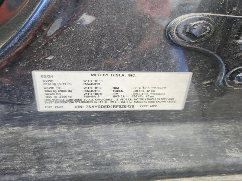 50462656 :رقم المزاد ، 7SAYGDED4RF026426 vin ، 2024 Tesla Model Y مزاد بيع