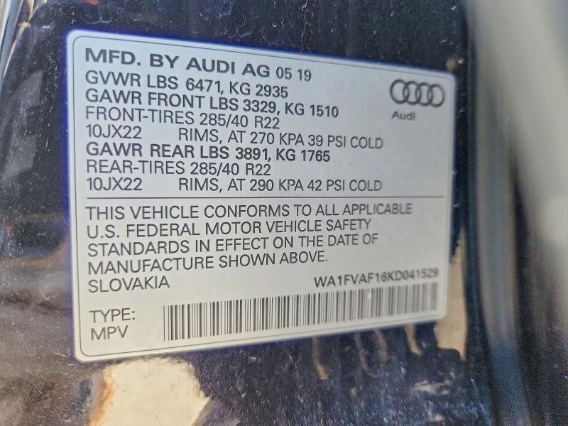 48933526 :رقم المزاد ، WA1FVAF16KD041529 vin ، 2019 Audi Q8 مزاد بيع