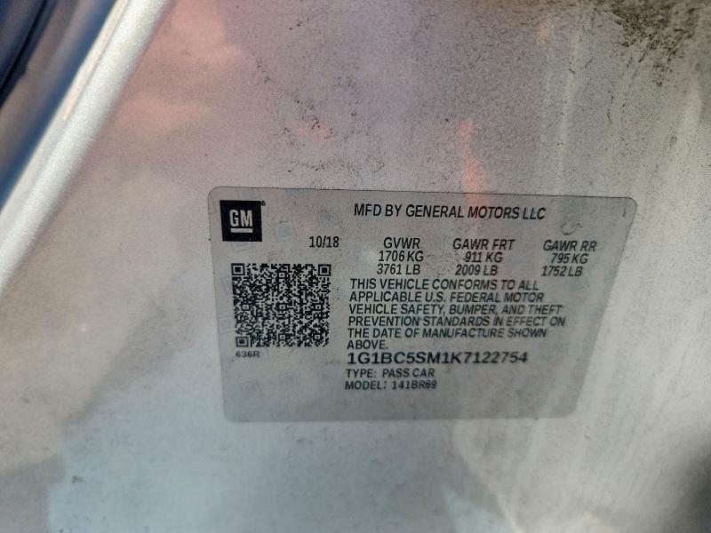49750776 :رقم المزاد ، 1G1BC5SM1K7122754 vin ، 2019 Chevrolet Cruze مزاد بيع