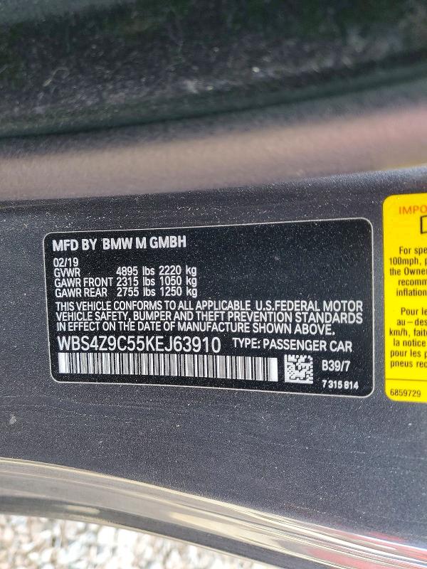 50259466 :رقم المزاد ، WBS4Z9C55KEJ63910 vin ، 2019 Bmw M4 مزاد بيع