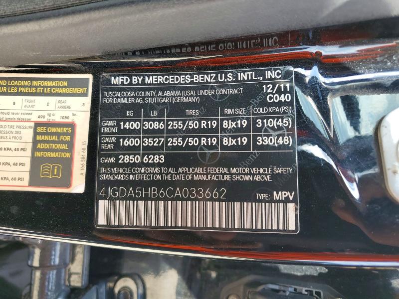 Aukcja sprzedaży 2012 Mercedes-benz Ml, vin: 4JGDA5HB6CA033662, numer aukcji: 50475756