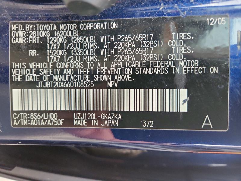 48221076 :رقم المزاد ، JTJBT20X660108525 vin ، 2006 Lexus Gx 470 مزاد بيع