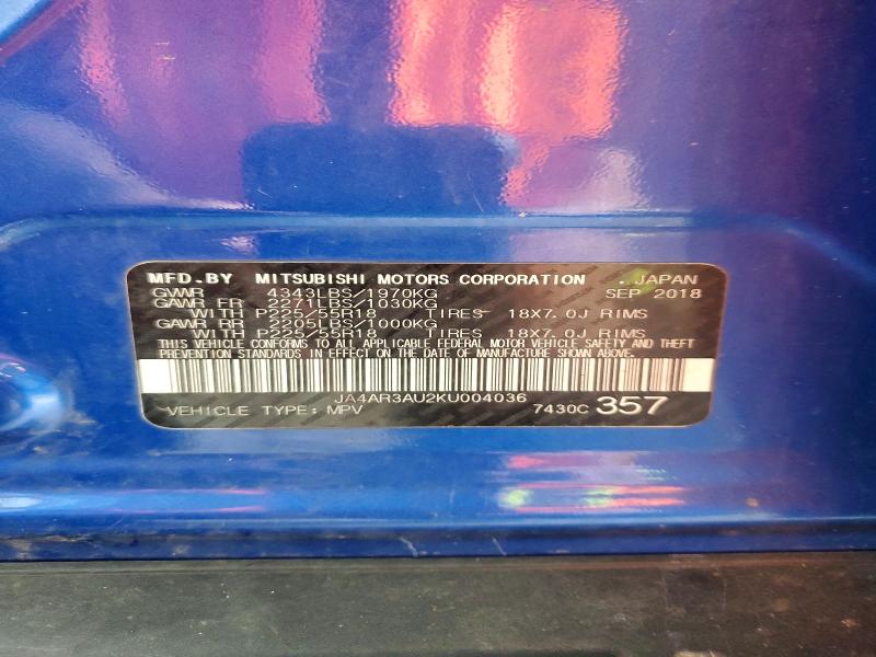 2019 Mitsubishi Outlander Sport მანქანა იყიდება აუქციონზე, vin: JA4AR3AU2KU004036, აუქციონის ნომერი: 51723476