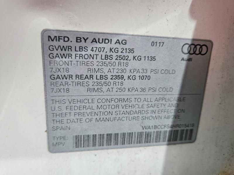 Продажа на аукционе авто 2017 Audi Q3, vin: WA1BCCFS4HR015418, номер лота: 50172226