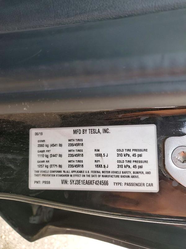 2019 Tesla Model 3 მანქანა იყიდება აუქციონზე, vin: 5YJ3E1EA6KF424566, აუქციონის ნომერი: 51331006