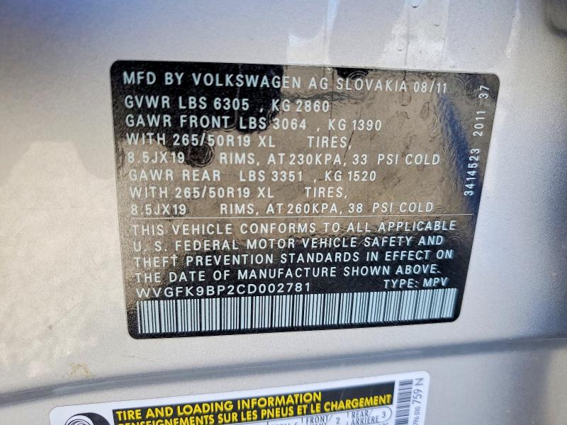 51533476 :رقم المزاد ، WVGFK9BP2CD002781 vin ، 2012 Volkswagen Touareg مزاد بيع