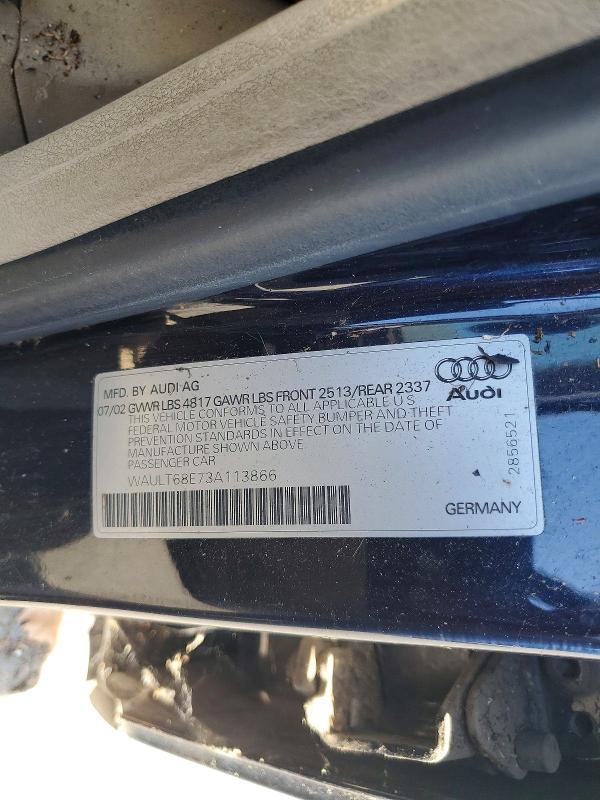 Продаж на аукціоні авто 2003 Audi A4, vin: WAULT68E73A113866, номер лоту: 48421646
