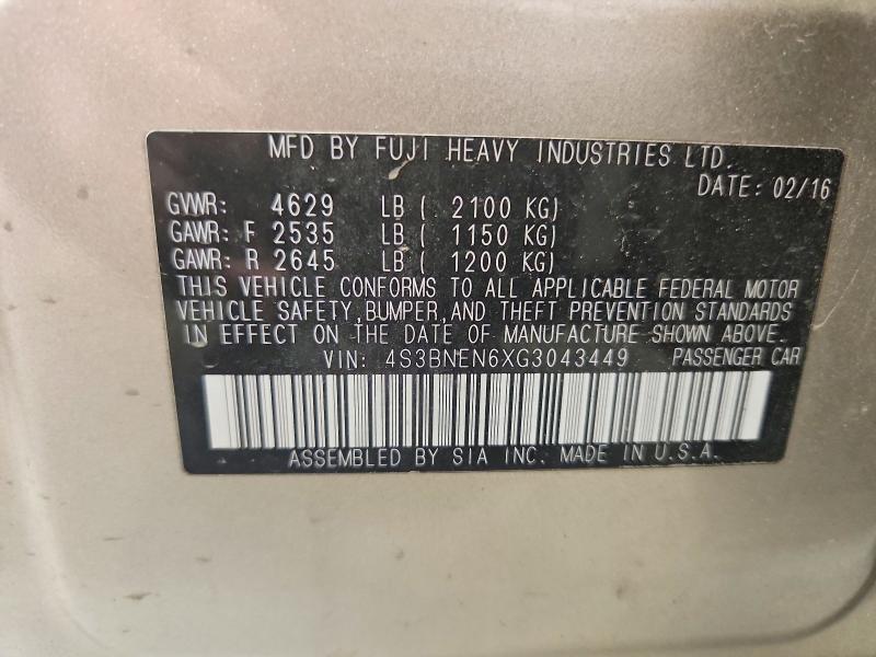 2016 Subaru Legacy მანქანა იყიდება აუქციონზე, vin: 4S3BNEN6XG3043449, აუქციონის ნომერი: 50096986