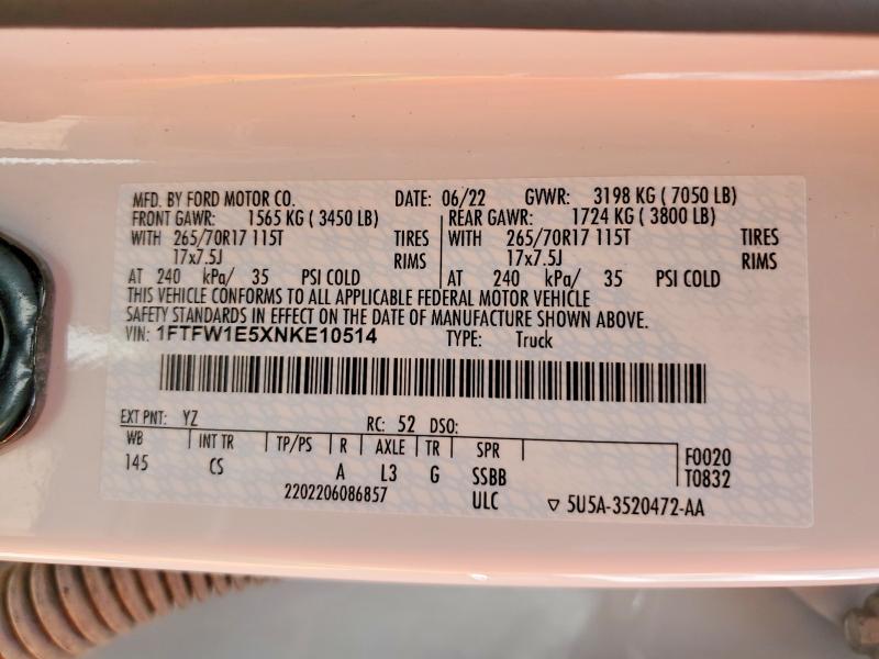2022 Ford F150 მანქანა იყიდება აუქციონზე, vin: 1FTFW1E5XNKE10514, აუქციონის ნომერი: 49828496